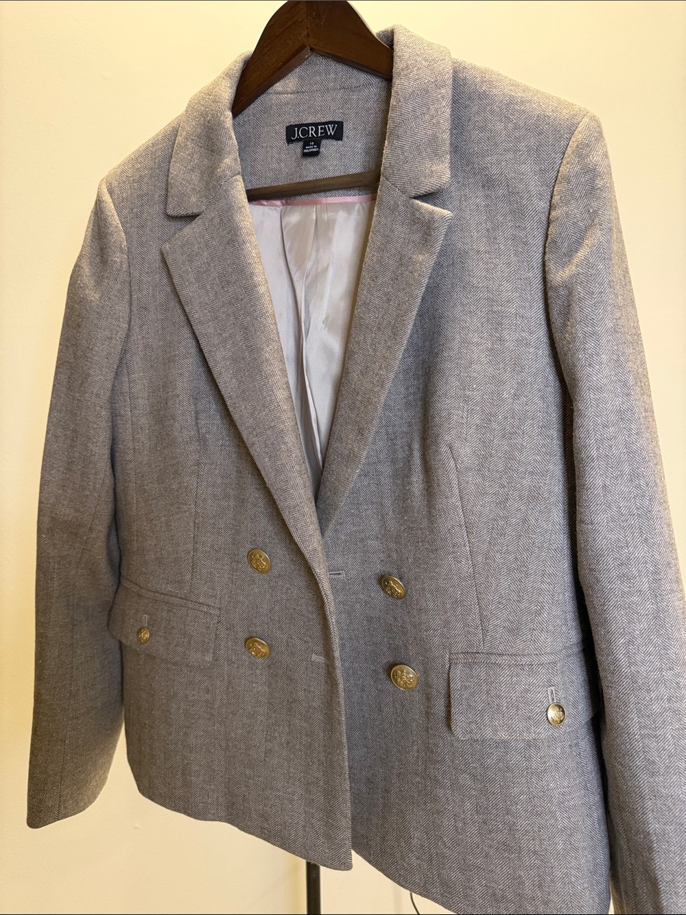 J. Crew Beige / Gray Double-Breasted Wool-Blend Blazer with Gold Buttons